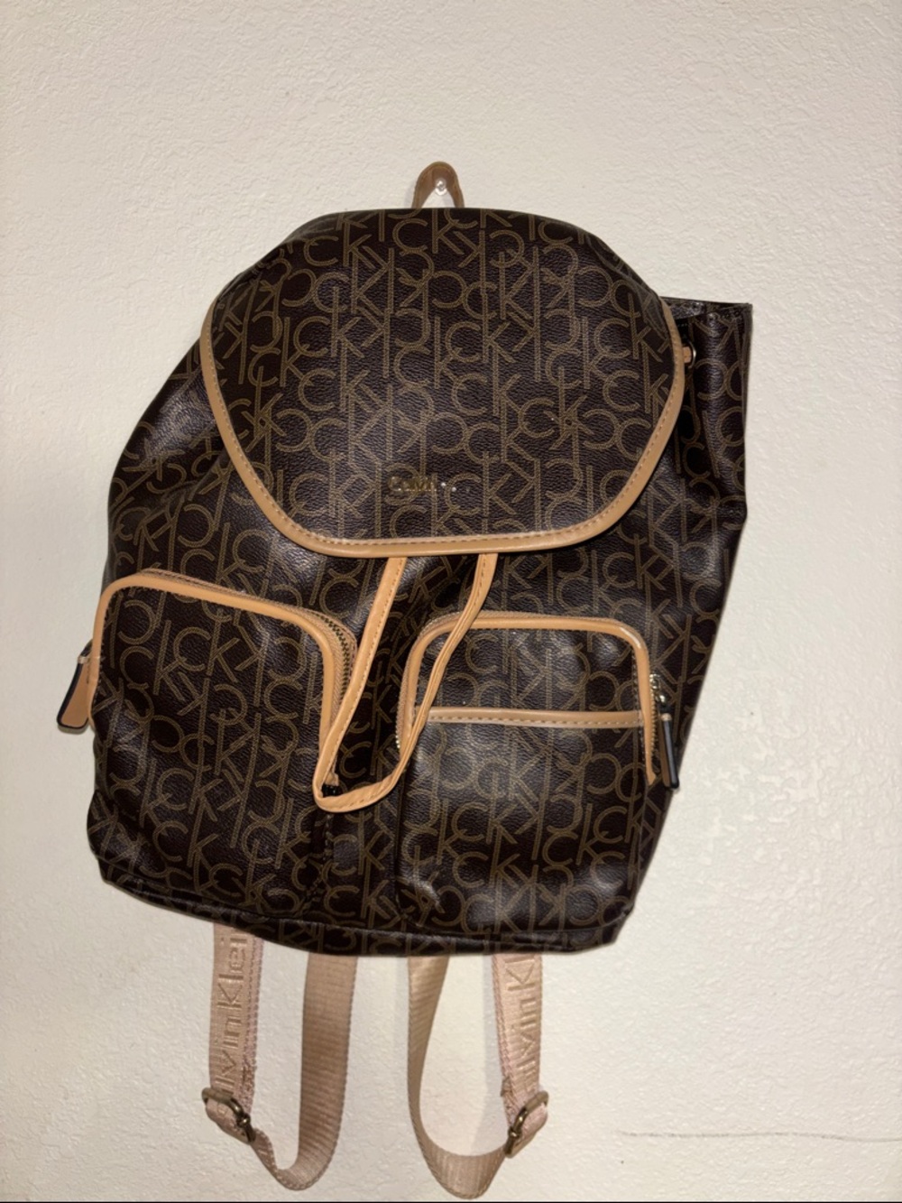 Calvin Klein Brown Monogram Backpack with Tan Trim missing Klein logo